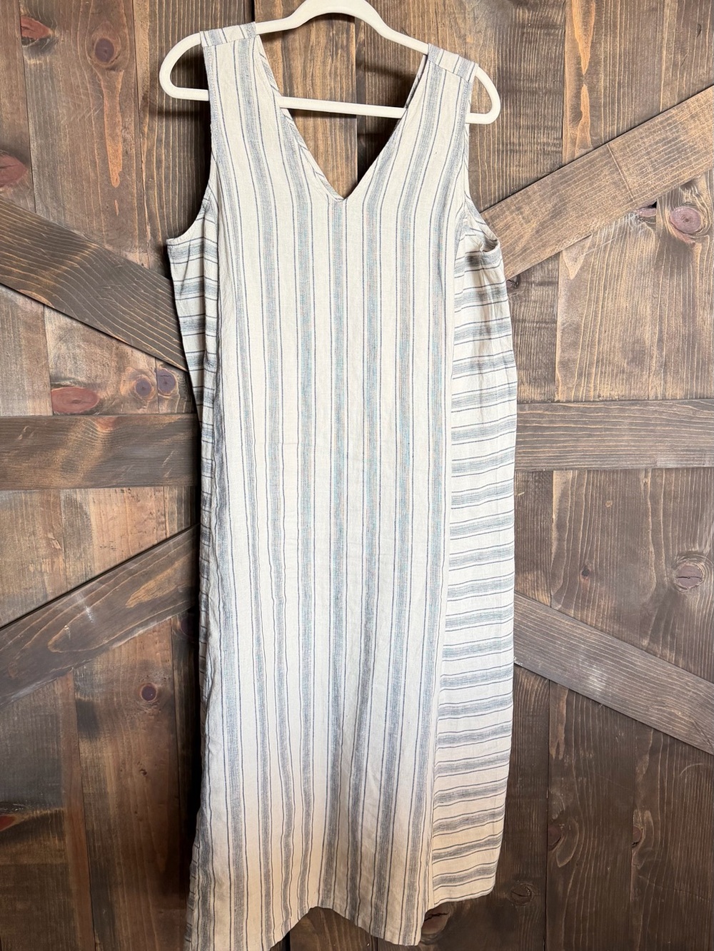 J. Jill Cream and Light Blue Vertical Stripe Sleeveless V-Neck Dress